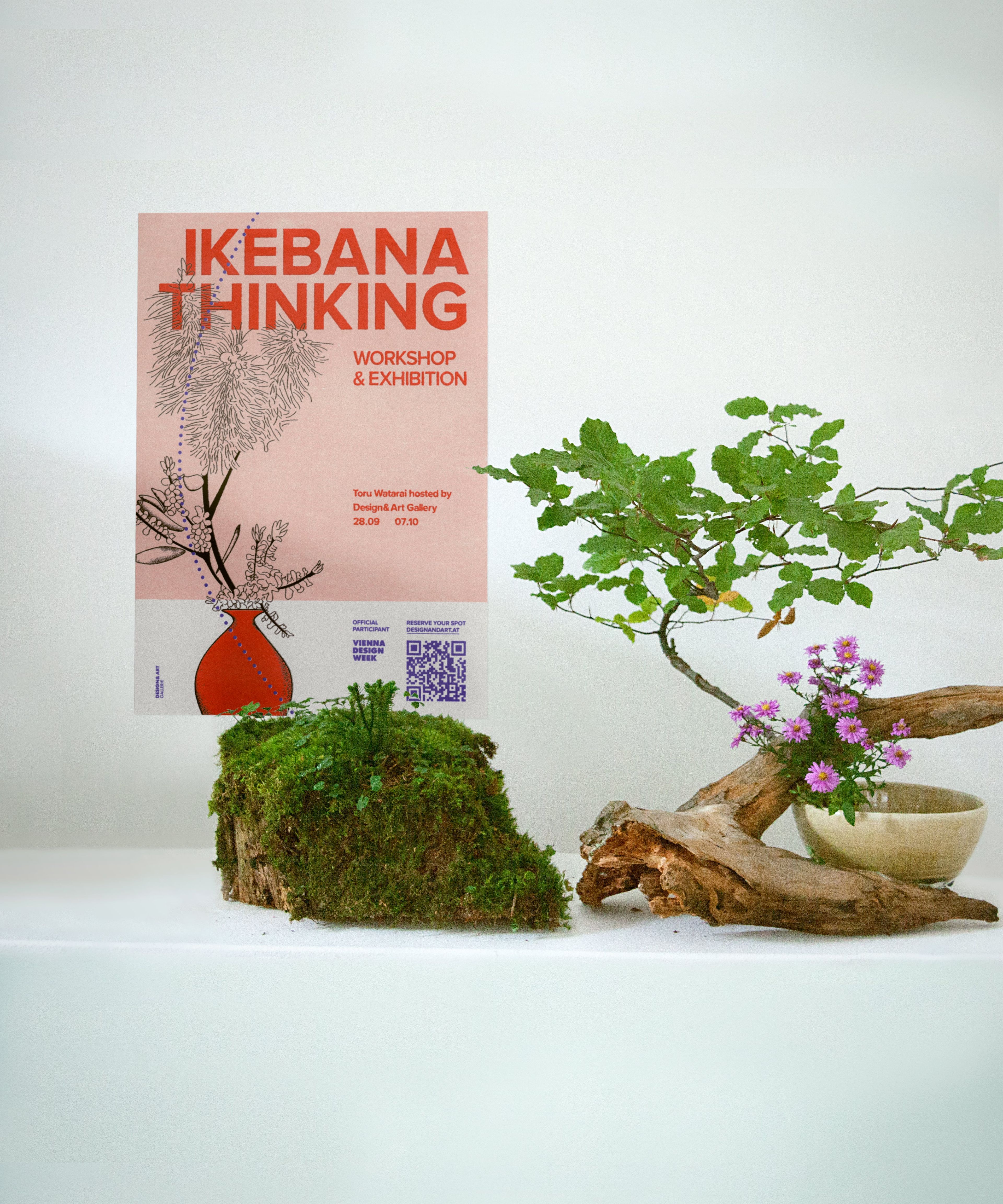 the poster I designed for the Ikebana Thinking exhibition, situated in an ikebana setting with a mossy plank, a tree trunk, and some pink flowers