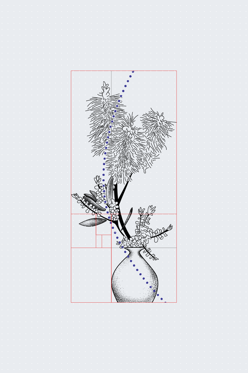 the illustration I made for the Ikebana Thinking exhibition poster, laid out over the golden ration grid I used to draw it