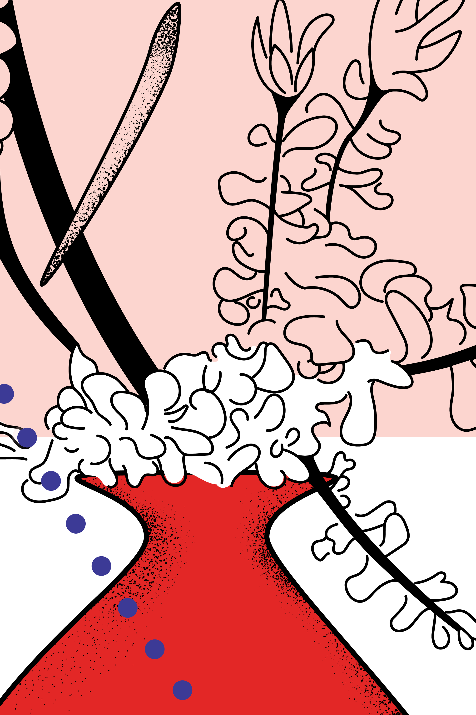 clsoe up of the ikebana illustration I made for the poster. focusing on the red vase and the few brunches and flower that stick out of it