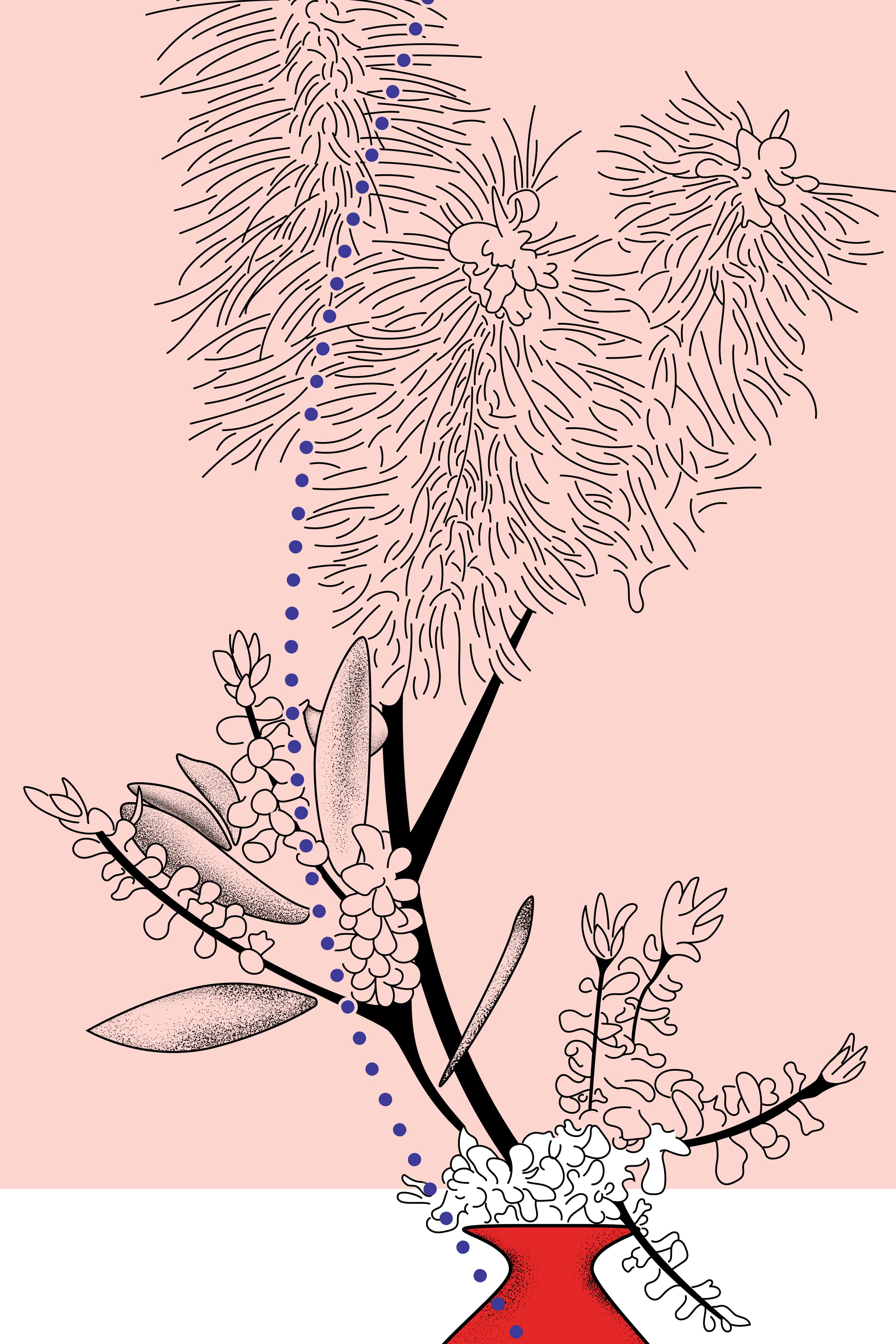 the illustration I made for the exhibition Ikebaa Thinking, which shows a red potted ikebana composition of several plants, flowers, and leaves 