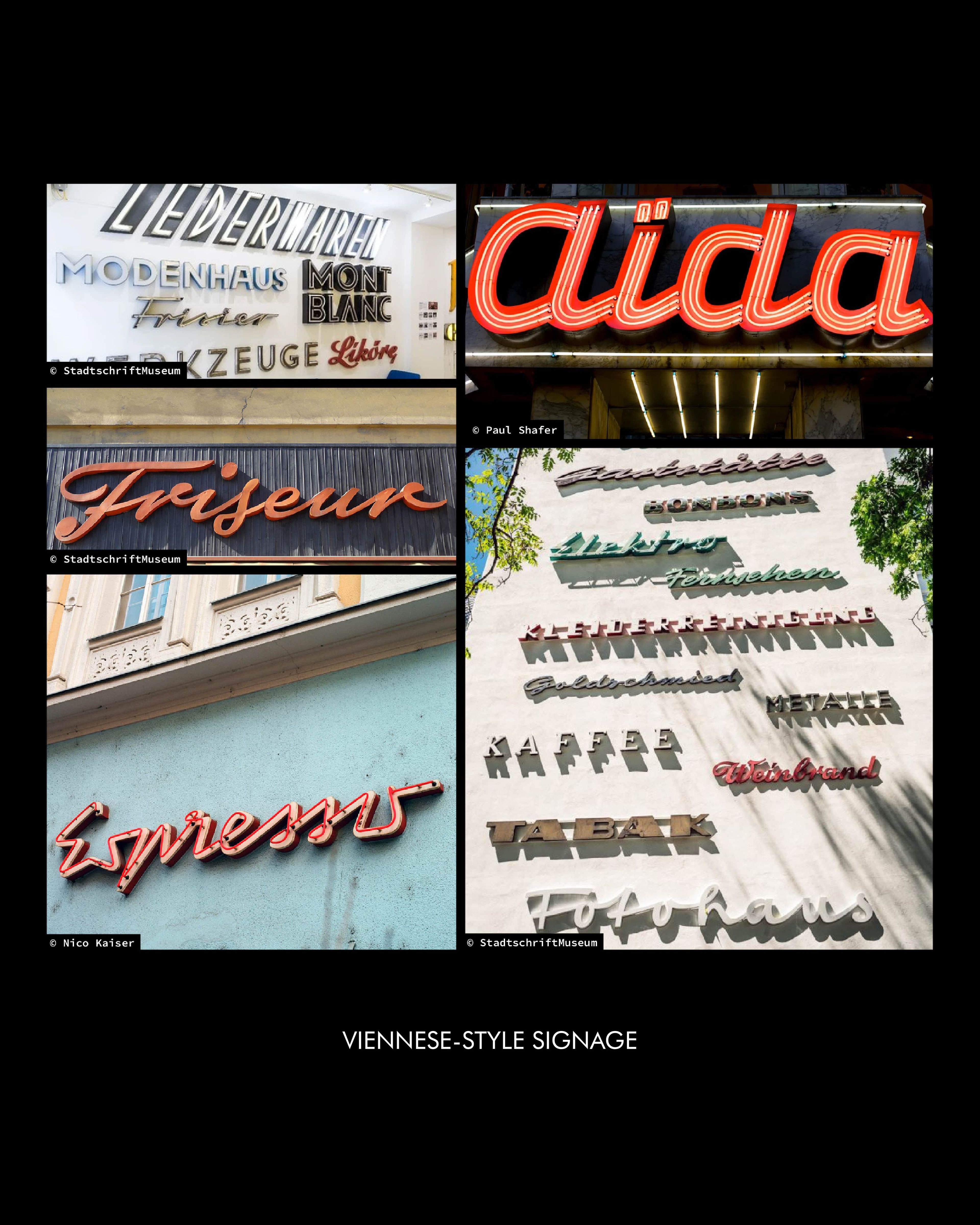 various examples of typical Viennese mid-century logotypes, which were my inspiration for this project