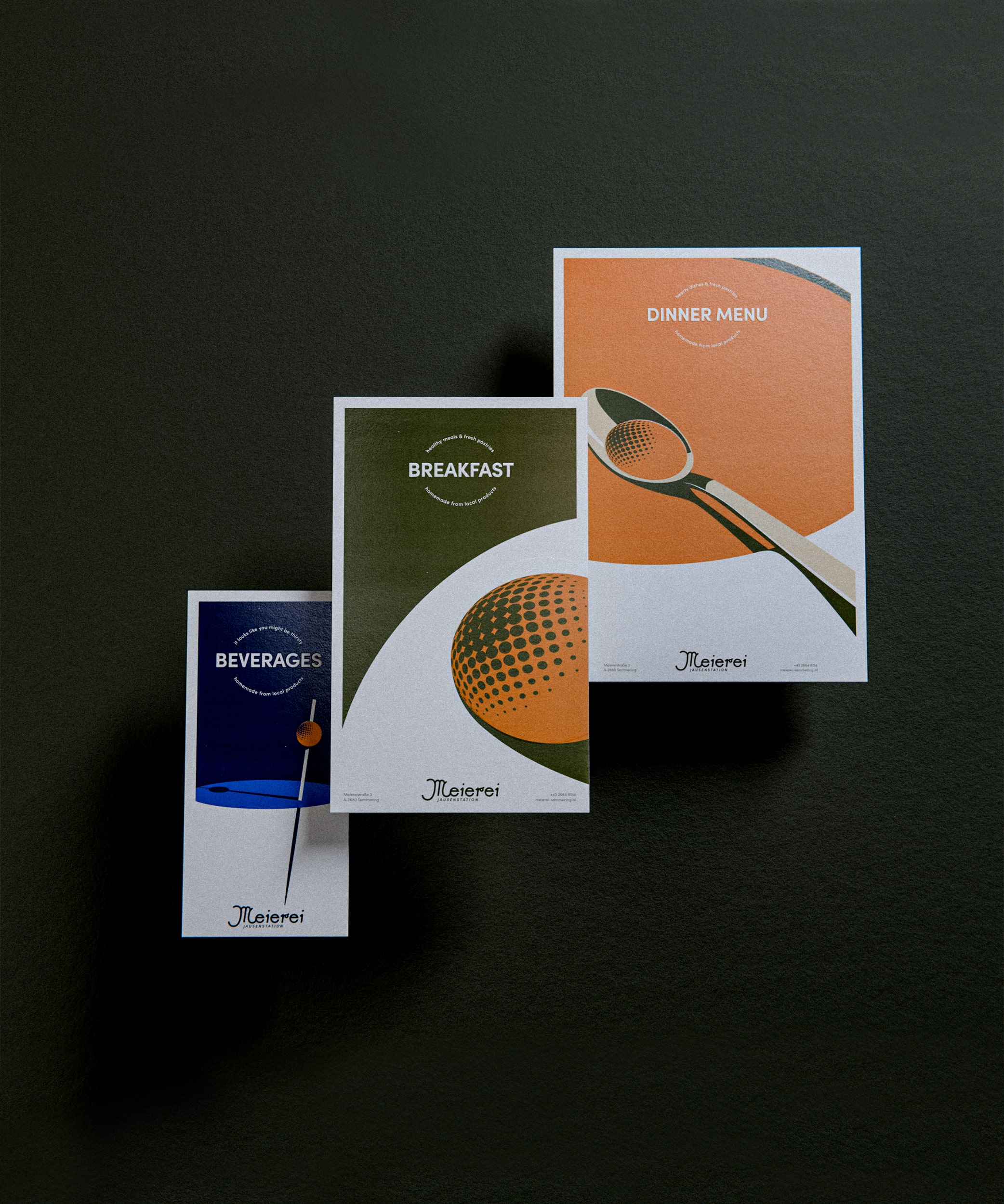 a mockup of the various menus I design for the restaurant Meierei. 3 menus featuring my mid centry illustraions which appeared on the breakfast, dinner, nd beverages menus. 