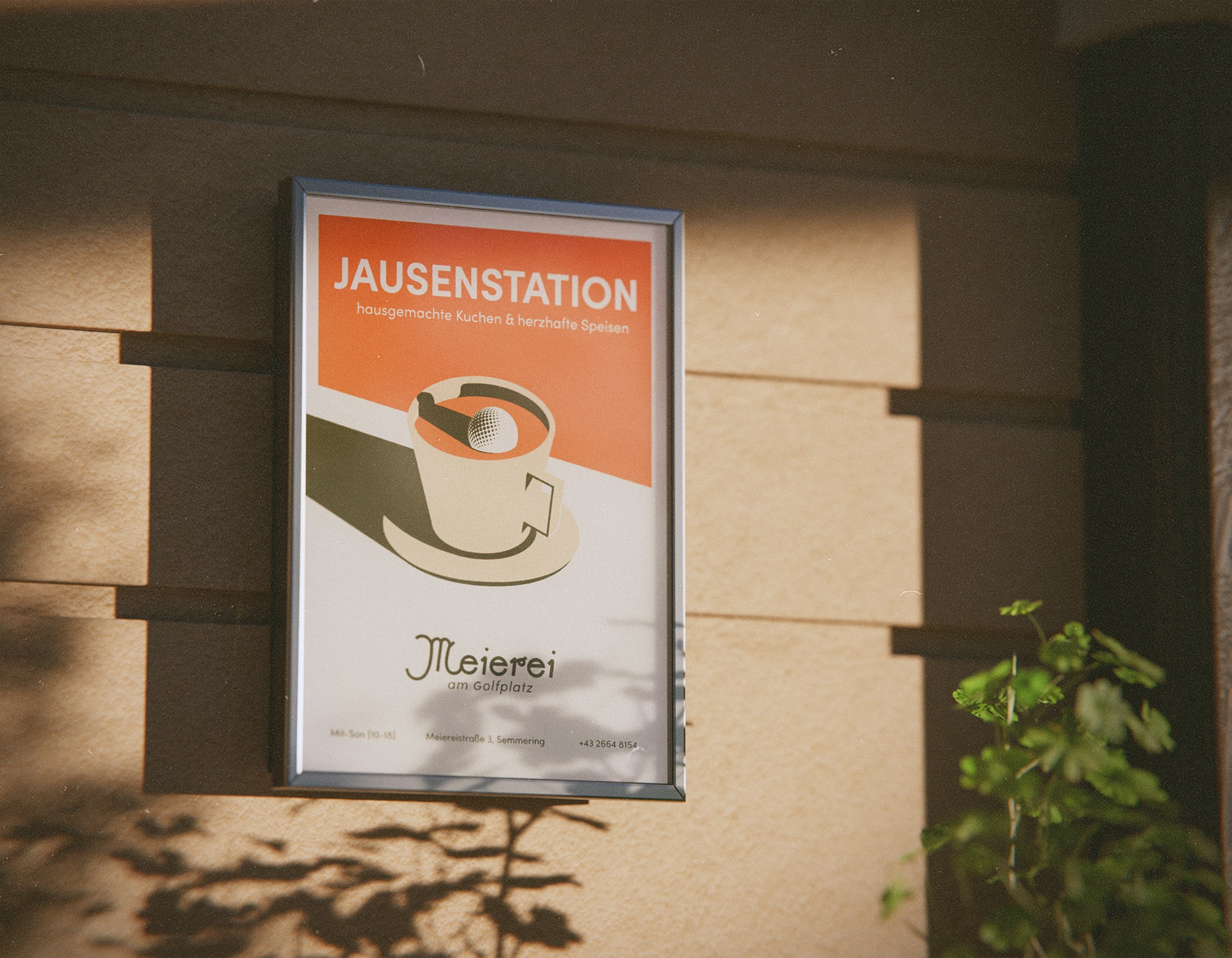 an advertisment poster I designed for the Meierei restaurant, featuring a mid-century illustration I made of a tea mug with a golf ball floating in it
