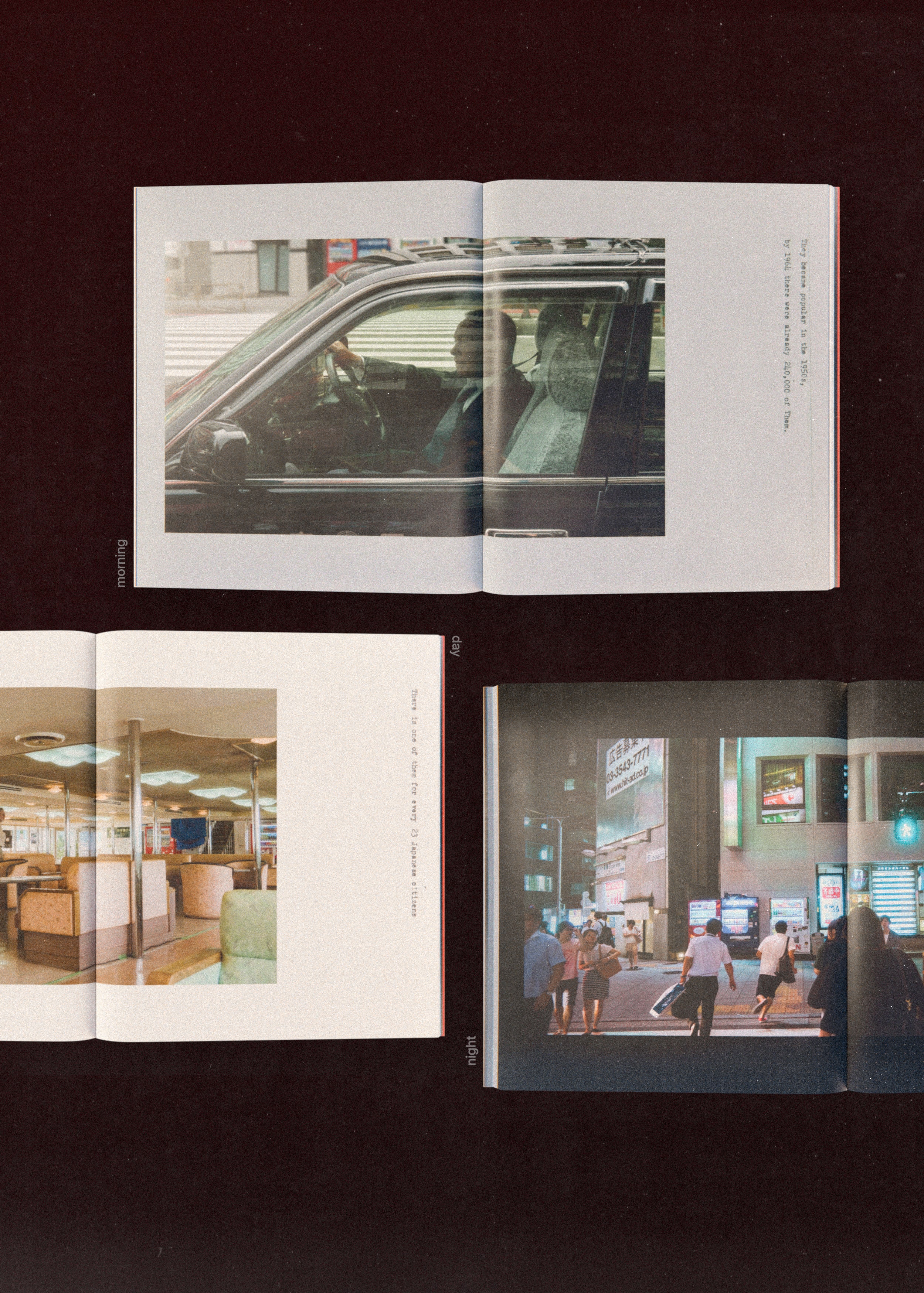 a grid showing the 3 different layout designs of the Vendibls book. the book is split into 3 times morning, evening, and night. each layout represets a certain time of the day.